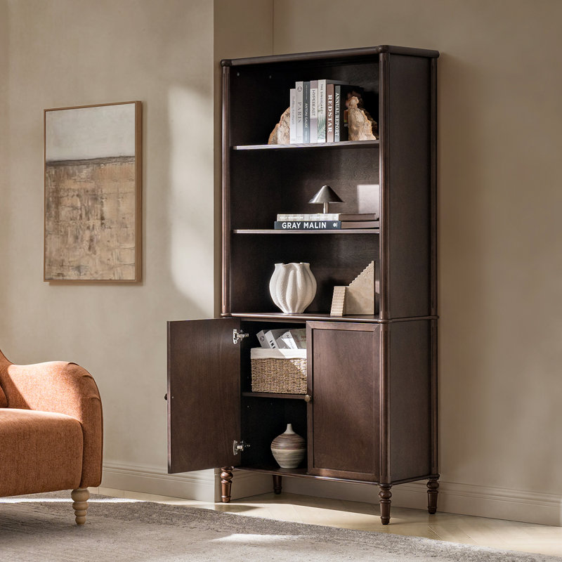 Hoai Derk Transitional 75.75"H Solid Wood 5-Tier Storage Cabinet Bookcase with Cable Management, Auburn