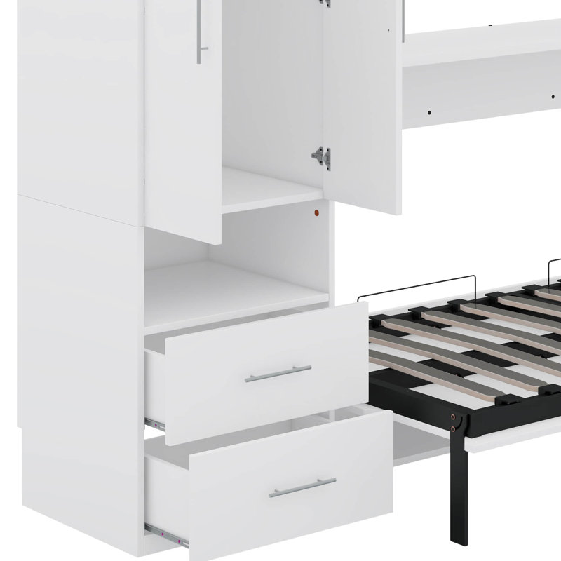 Lit escamotable simple avec tablettes et tiroirs, armoire encastrée et table