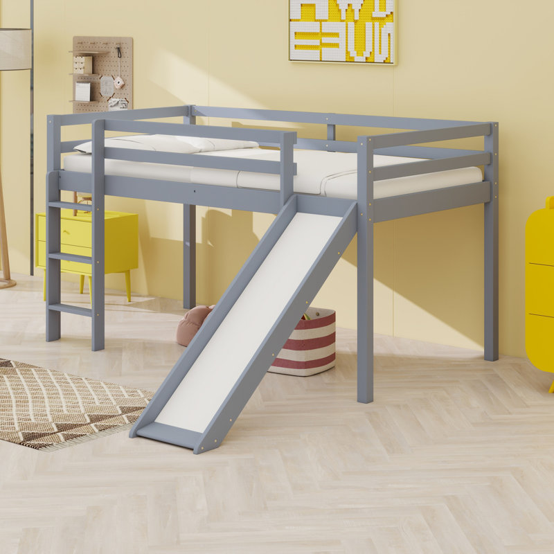 Lit mezzanine simple avec glissade, base de lit mezzanine basse en bois, espace de rangement inférieur, gris