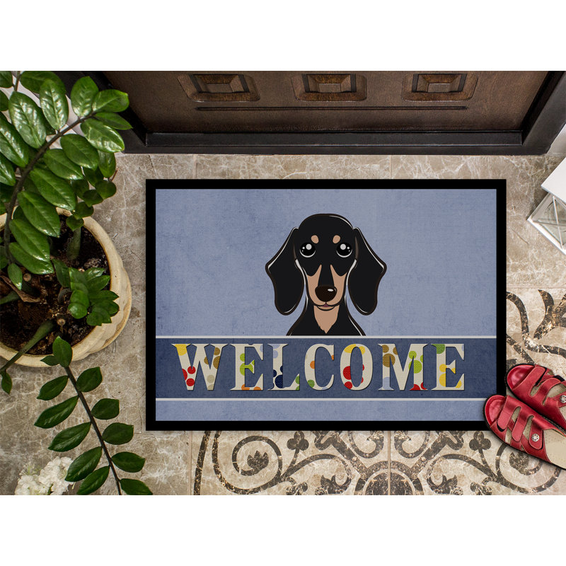 Tapis d’extérieur anti-dérapant en noir et brun clair teckel welcome, Rectangle 2 pi x 3 pi