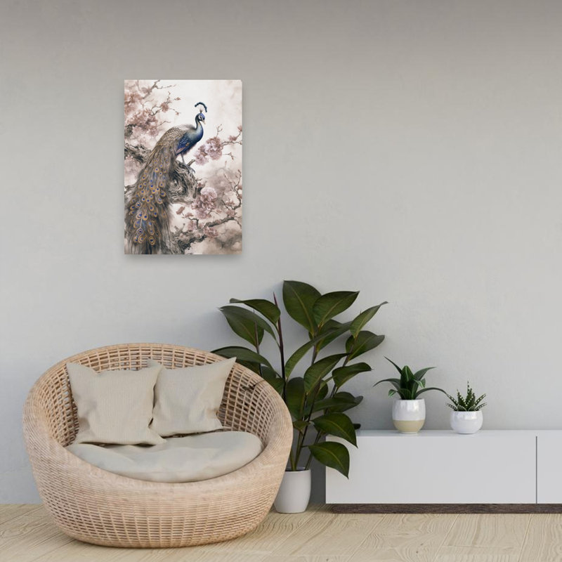 Peacock Among Cherry Blossoms Contemporary Bird Animal Flower Wall Art Print, 91.44cm H x 60.96cm W