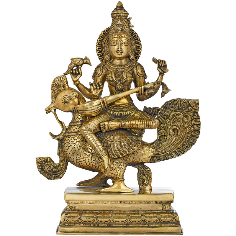 Figurine Sarasvati «The Enchanting Devi Sarasvati» assis sur son paon
