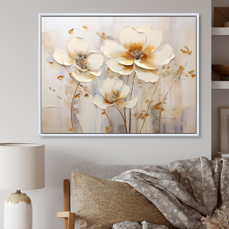 Transitions florales beiges sérénité sur toile, Cadre flottant blanc, H 12 po x l 20 po