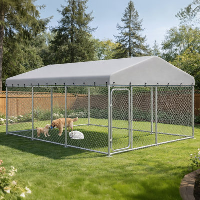 COMHOMA 11.5×14.8FT Outdoor Dog Kennel With Roof,Heavy Duty Metal Dog Enclosure With Weather-Resistant Cover & Secure Lock For Medium Large Dogs