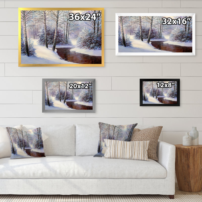 Forêt de Noël avec rivière II - art mural traditionnel sur toile, Impression noire sur toile encadrée