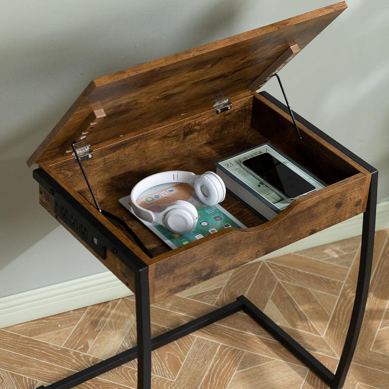 Table End Table with Charging Station, Couch Tables That Slide Under, C Shaped Side Table with Storage, Small Table Couch Desk for Small Spaces