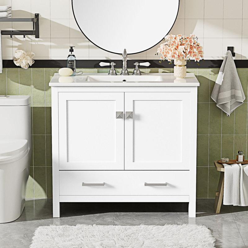 Meuble-lavabo de salle de bain avec lavabo en céramique et beaucoup de rangement, Blanc
