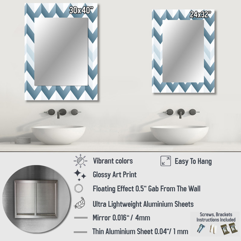 Shorna contemporain blanc et gris chevron - chevron unique, miroir mural décoratif, 32 po x 24 po