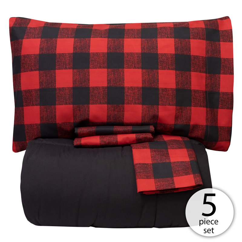 Buffalo Farmhouse / Country Box Stitch Plaid Comforter, Full Comforter + 4 Additional Pieces