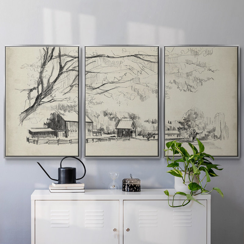 Vue de grange esquissée I 3 pièces, H 40 po x l 78 po x P 2 po, Argent