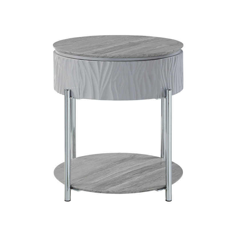 Table de bout grise très brillante avec finition - look moderne, construction, bois composite, plateau de table de 15 mm d'épaisseur, limite de poids de 70 lb, tiroir de rangement pratique