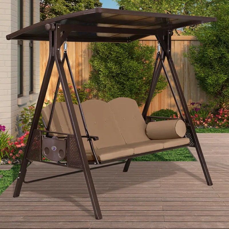 Balancelle 3 places avec support avec auvent en PVC réglable, coussins et oreiller inclus, beige, Beige