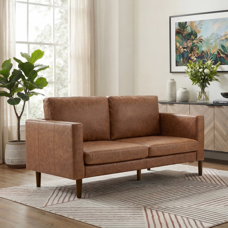 Ashvini 65" W Faux Leather Square Arm Loveseat with Reversible Cushions, Brown/Espresso Wood
