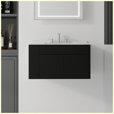 Meuble-lavabo flottant 36 po avec lavabo, porte à fermeture douce, comptoir en marbre de culture blanc Carrara 0,6 po et dosseret, contreplaqué, noir