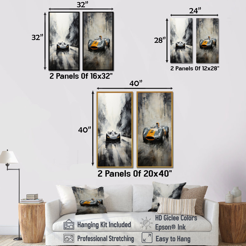 «Gray Minimalist Race Car Traces I», ensemble de 2 impressions sur toile, H 40 po x l 41 po, Cadre flottant blanc