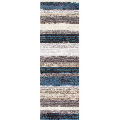 City Striped Shag Tufted Performance Brown/Teal/Blue Rug