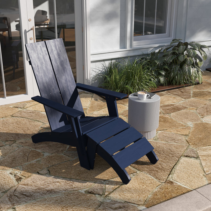 Brady Modern All-Weather Dual Slat Adirondack Style Chair with Footrest, Navy