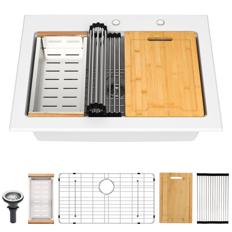 White Granite Composite 30X22" Workstation Drop - In Kitchen Sink, Thick Stone, Non Porous, , Package With Drying Roll Up Rack And Strainers Assembly Protects Hands, Scratch, Bottom Grid Cutting Board