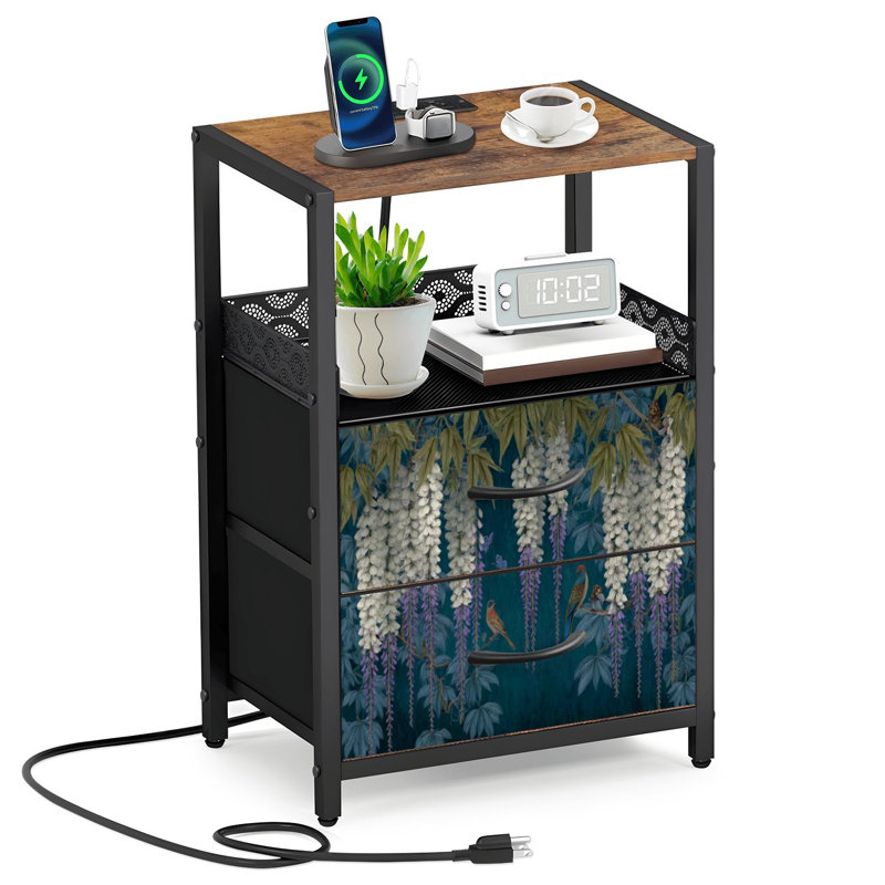 Table de chevet 2 tiroirs en tissu avec station de charge Tropical Garden Butterflies Exotic Birds