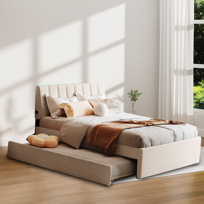 Lit plateforme tapissier moderne avec tête de lit à DEL et lit gigogne escamotable, ports de chargement USB