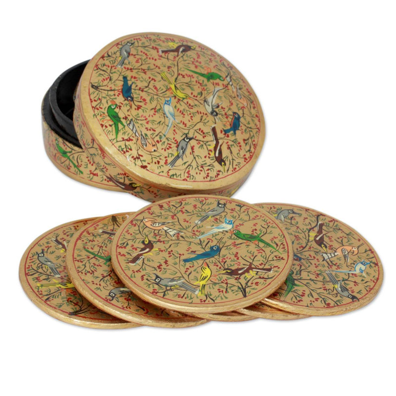 Sous-verres en papier mâché oiseaux Golden Srinagar (ensemble de 6)