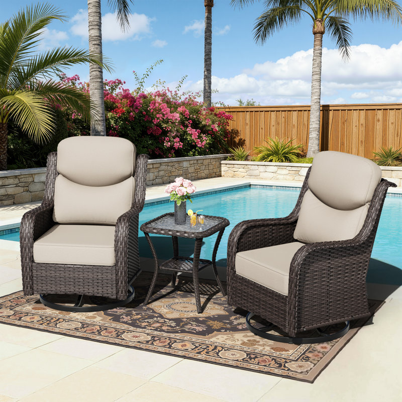 Adcox 2-Person Outdoor Patio Conversation Rattan Sets  With Side Table,2 Swivel Chairs and Beige Cushions, Beige