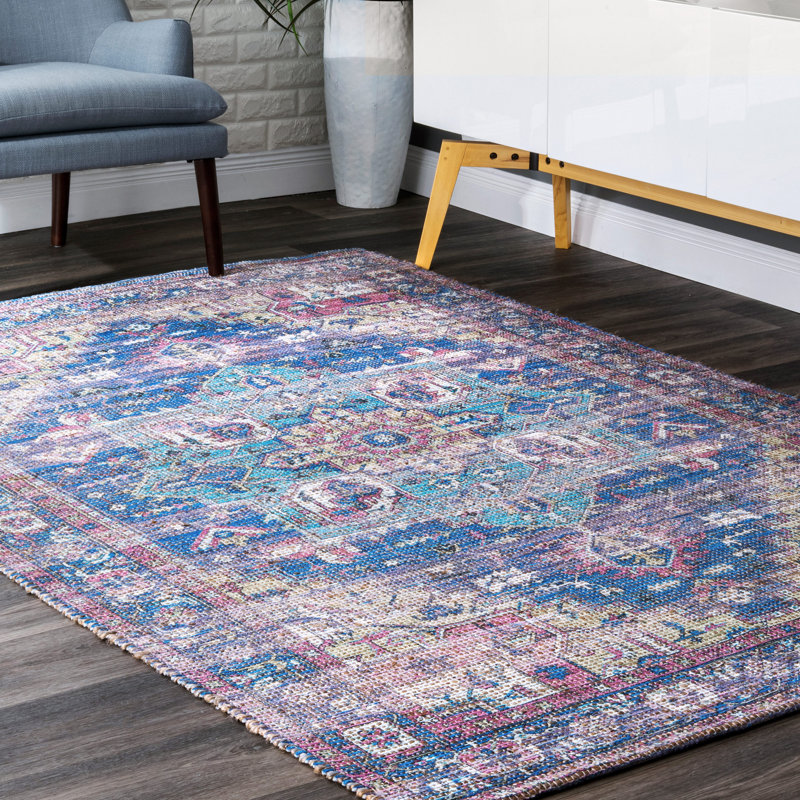 Tapis bleu oriental à tissage plat Keisha, Rectangle 4 pi x 6 pi
