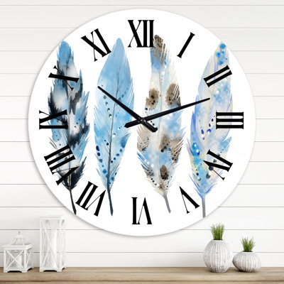 Blue Boho Feathers I - Bohemian & Eclectic wall clock