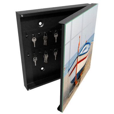 Wall mounted key box, Opens to the right, 30x30x5, White, A boat on the beach in the sunshine, 