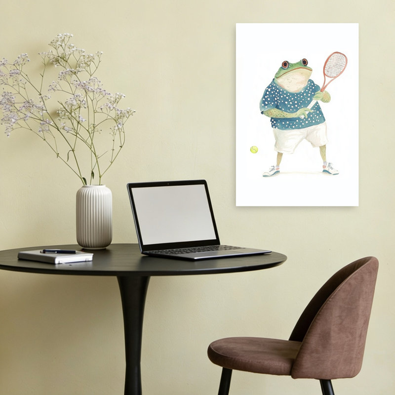 Whimsical Frog Tennis Player Playful Whimsical Contemporary Frog Wall Art Print by Mathieu - Wrapped Canvas Print