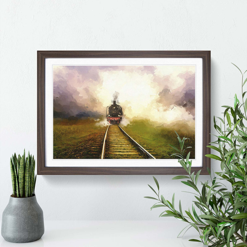 Steam Train upon the Tracks - Picture Frame Painting Print, Walnut Framed, 62cm H x 87cm W x 2cm D