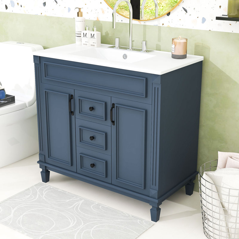 Meuble-lavabo de salle de bain avec lavabo en céramique, 2 tiroirs et portes à fermeture en douceur, Blanc
