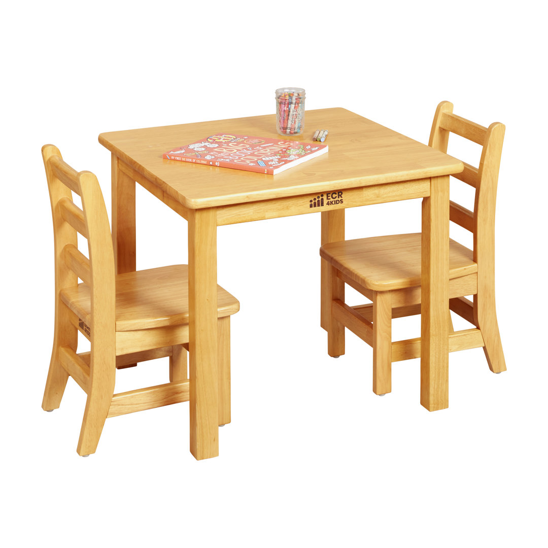 ECR4Kids 24in x 24in Square Hardwood Table with 20in Legs and Two 10in Chairs, Kids Furniture, Honey ECR4Kids