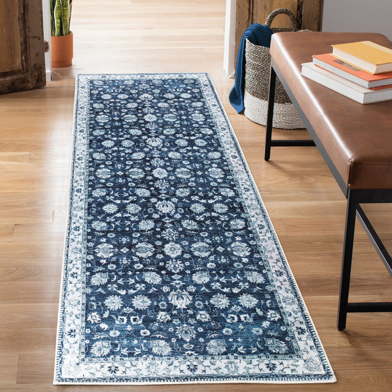  Washable Non-Slip Rug - Dark Blue Traditional Bordered Runner for Entryway, Hallway, Bathroom, and Kitchen