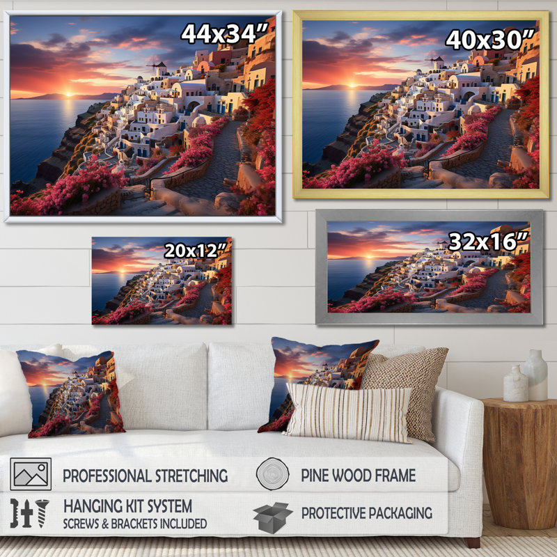 " Greece Oia Splendour V ", H 16 po x l 32 po, Cadre flottant noir