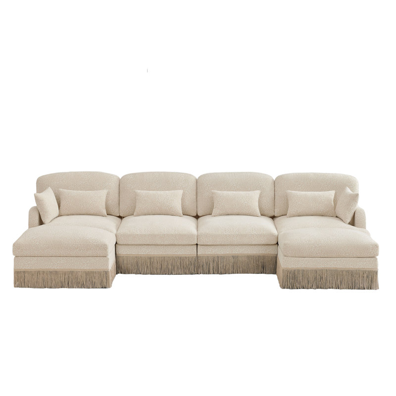 Modern Modular Leopard Print Chenille Sofa With Tassel Fring & Lumbar Pillows, Beige Chenille