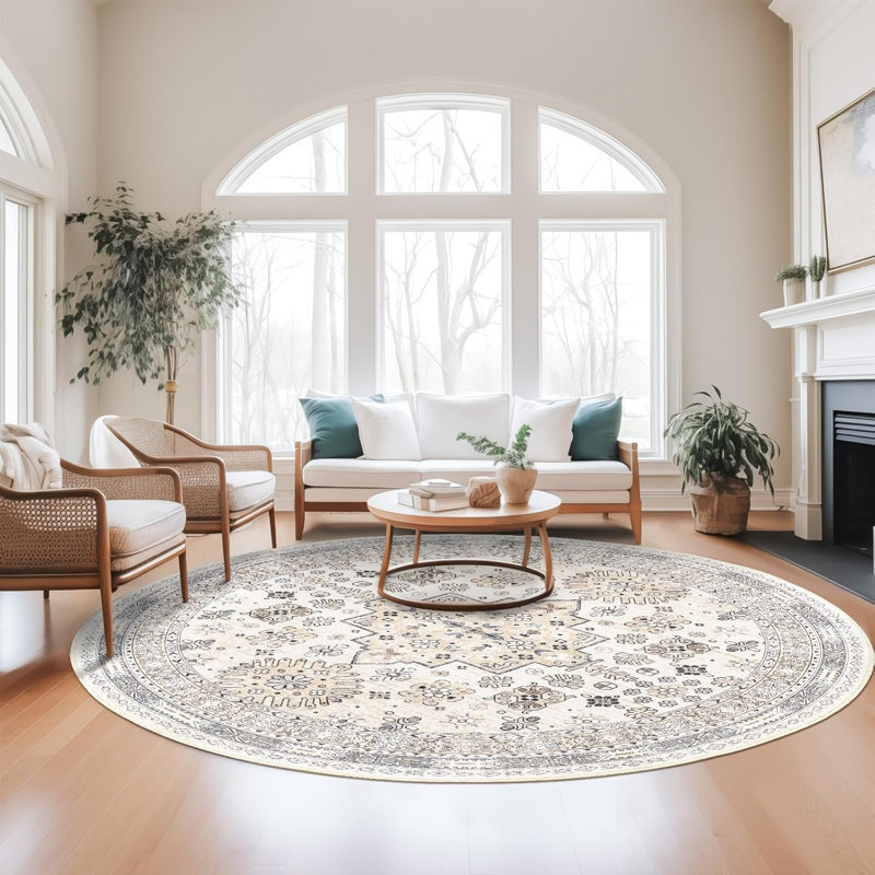 Medallion Non Slip Washable Rug(Beige), Round 6'