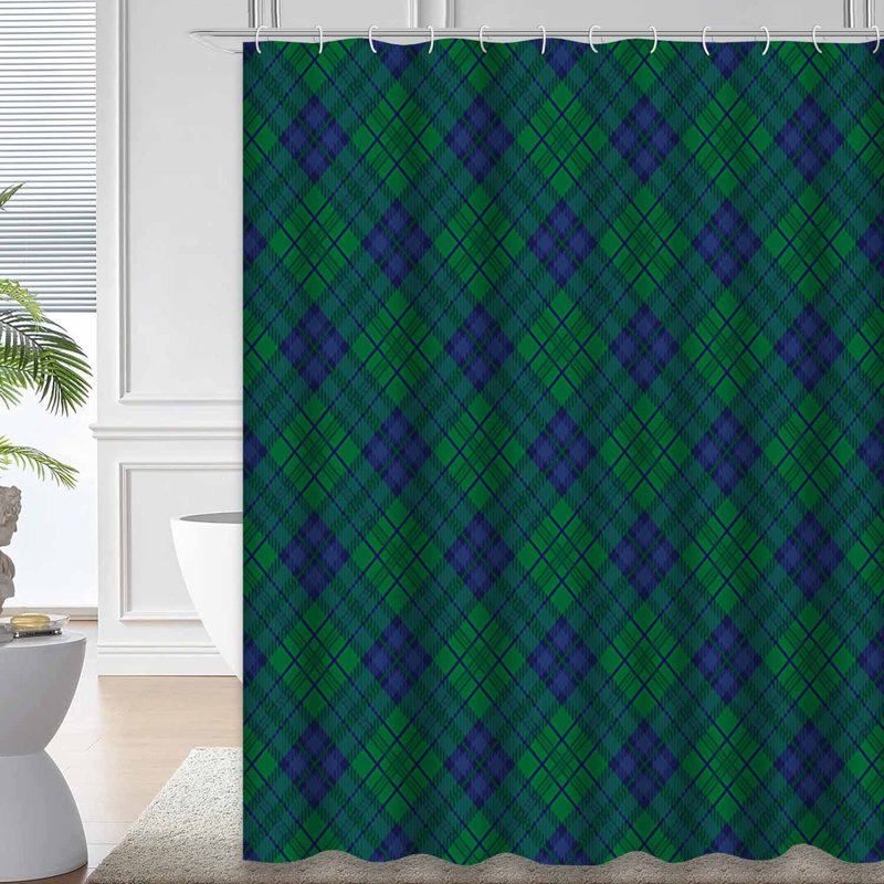 Rideau de douche vert à carreaux bleu sarcelle avec 12 crochets, L 72 po x l 84 po
