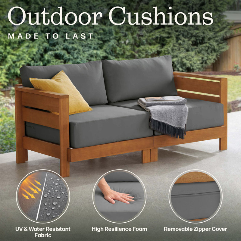  Barton 3 Piece Patio Furniture Set - Weather-Resistant Eucalyptus Wood Outdoor Table and Chairs with Gray Cushions - Modern Outdoor Furniture Set for Porch, Deck, or Pool (Natural)