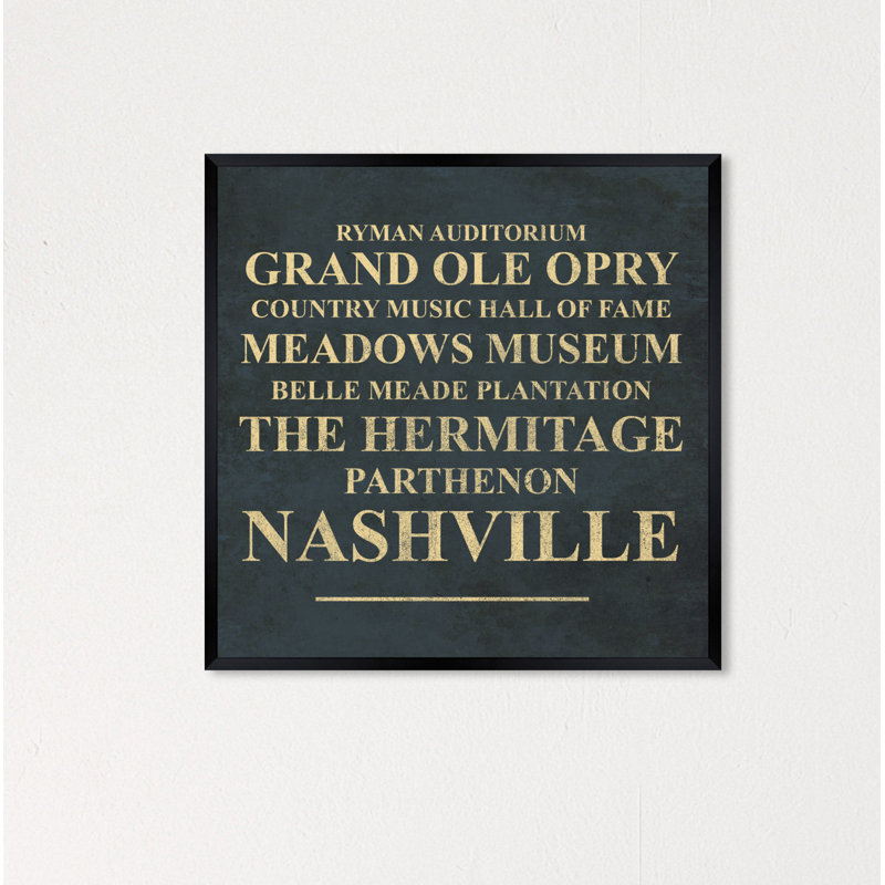 Repères de nashville-impression d’art textuel, H 22 po x l 22 po x P 1,2 po, Papier avec cadre noir
