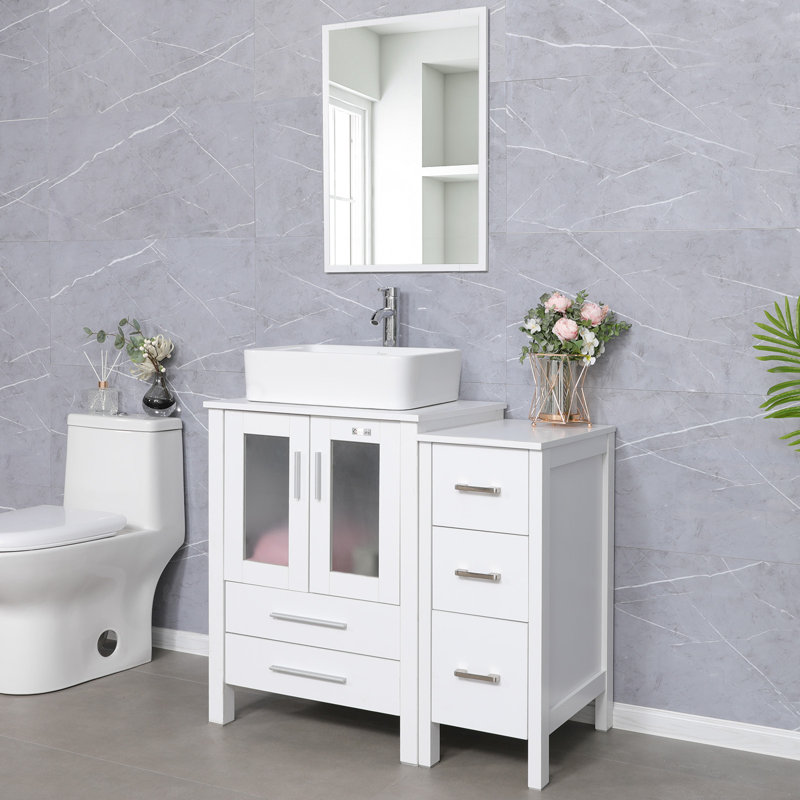 Ensemble de meuble-lavabo simple 36 po avec plateau en bois manufacturé , lavabo vasque, robinet et drain , Blanc, Blanc