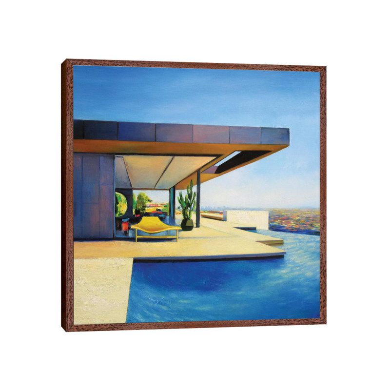 House With A Yellow Seat by Ieva Baklane - Painting on Canvas, Classic Brown Wood Framed, 45.72 cm H x 45.72 cm W