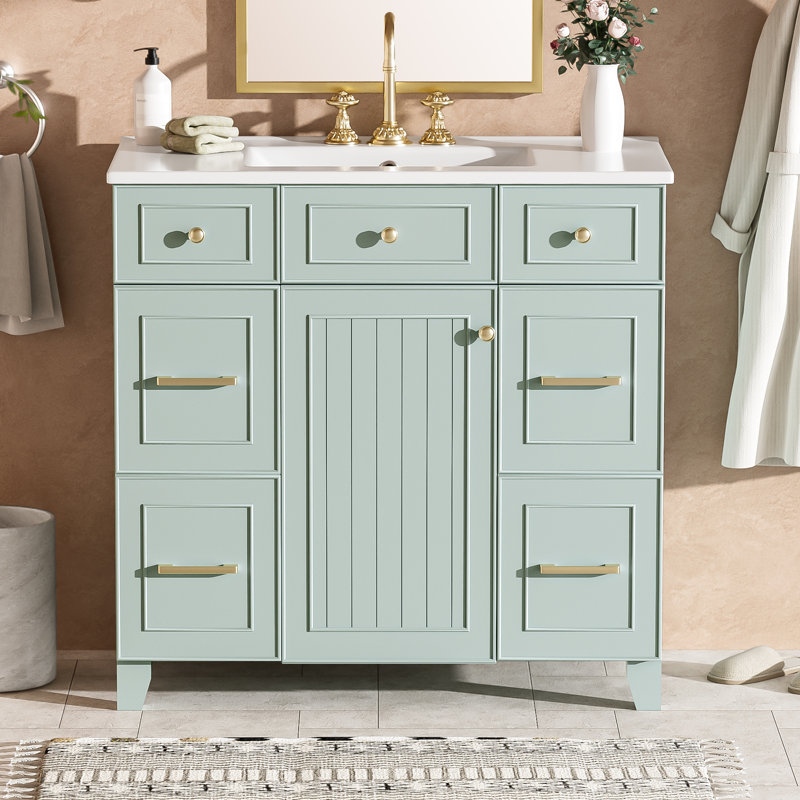 Meuble-lavabo 36 po avec lavabo simple en céramique, portes à fermeture douce, 4 tiroirs et tablette réglable