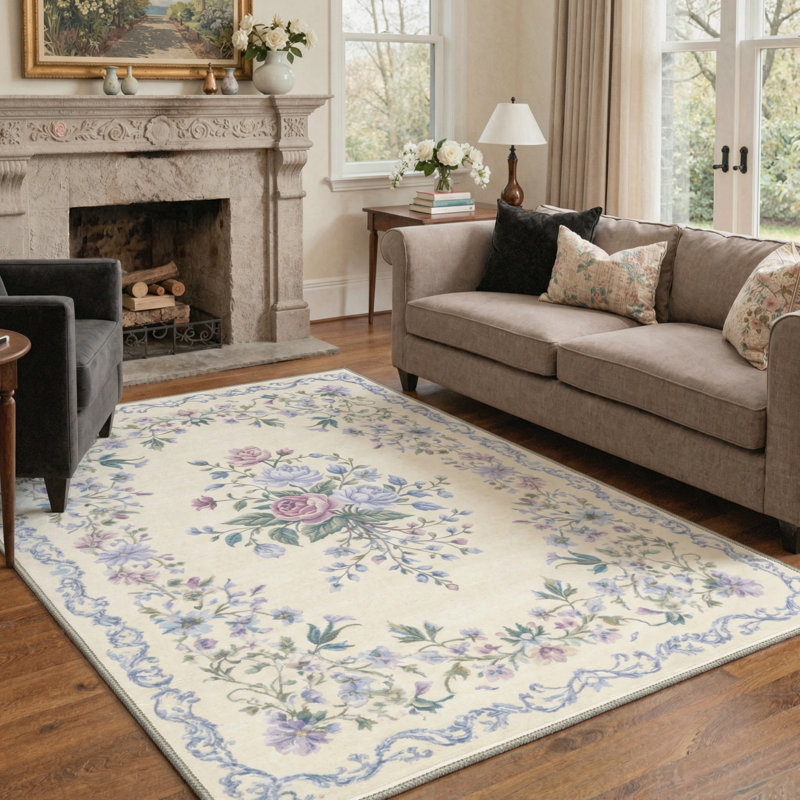Atascadero Romantic Floral Bordered Rug, Machine Washable, Inspired Faux Wool, Non-Slip Backing, Round 5'