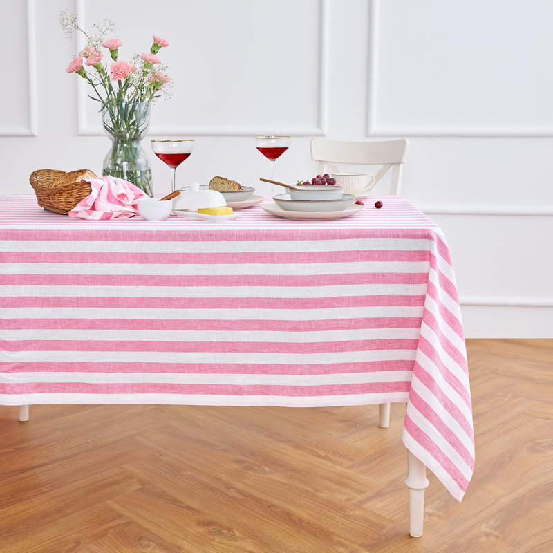 100% Pure Linen Tablecloth - Fete, 144" L x 60" W, Chateau Rose/White