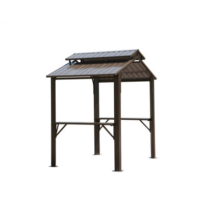 8×5FT Hardtop Grill Gazebo, Outdoor BBQ Gazebo W/Galvanized Steel Double Roof, Permanent Sun Shade Grill Canopy Shelter With 2 Side Shelves And Ceiling Hook For Patio Deck Yard Garden (Brown)