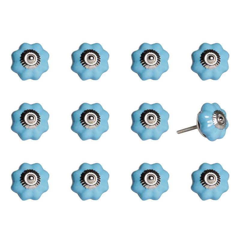 Palys (Set of 12) Blue And Silver Ceramic Drawer Pull Knobs, Blue