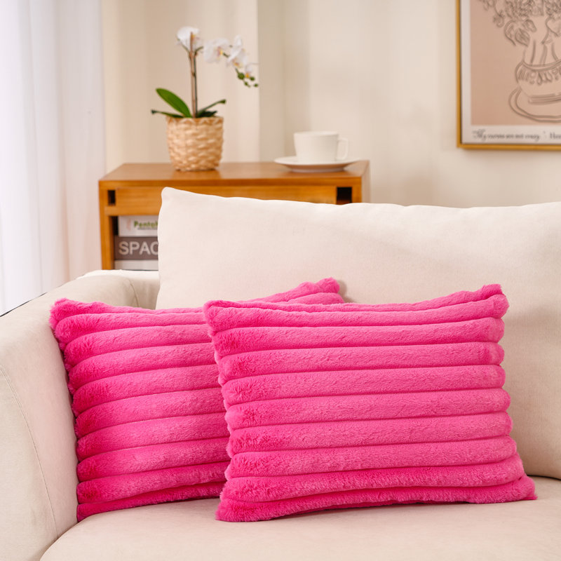 Striped Faux Fur Reversible Throw Pillow, Bright Pink