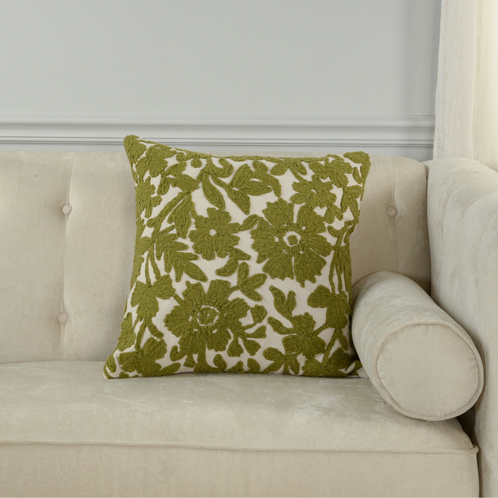 100% Cotton Throw Pillow, Natural/ Green, Down Blend