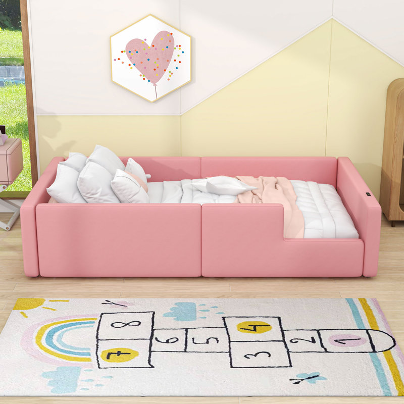Lit plateforme simple tapissier avec station de charge et garde-corps
